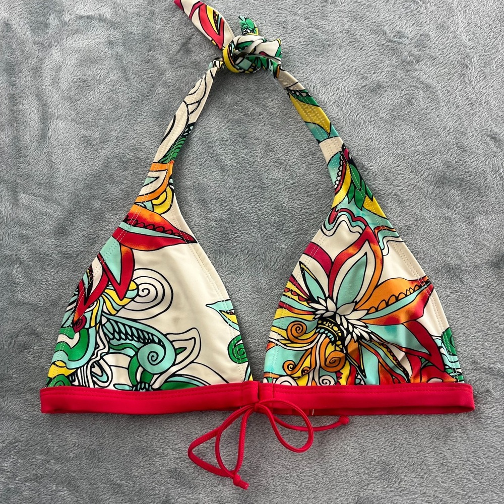 Body Glove Bikini Halter Top Sm Red Orange Teal Yellow Cream Green Flower